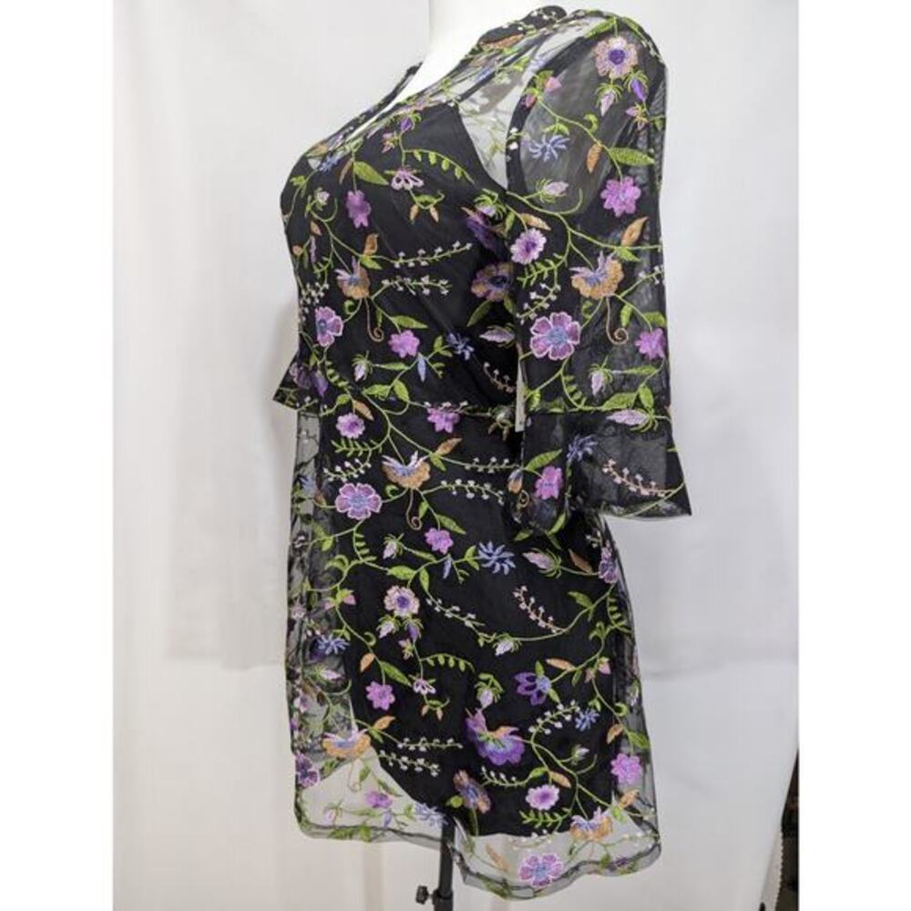 Kensie Black Sheer Midi Dress with Purple Floral Embroidery